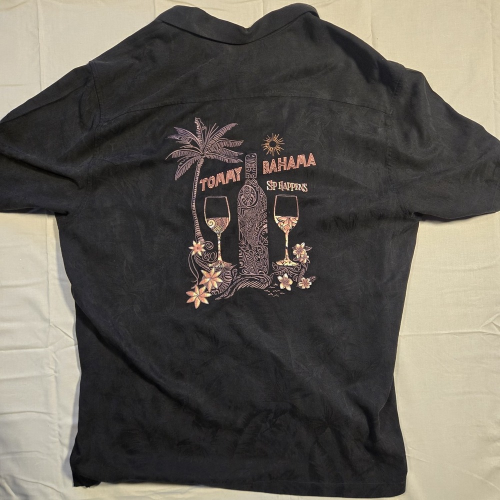 Tommy Bahama Black Mens XL Embroidered "Sip Happens" Button Down 100% Silk